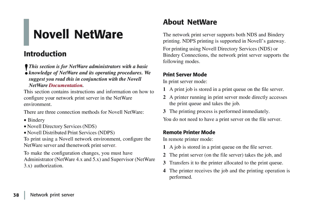 Oki 7100e+ manual Novell NetWare, Introduction, About NetWare, Print Server Mode, Remote Printer Mode 