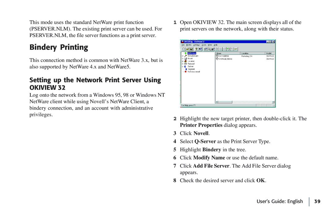 Oki 7100e+ manual Bindery Printing, Setting up the Network Print Server Using, Click Novell 