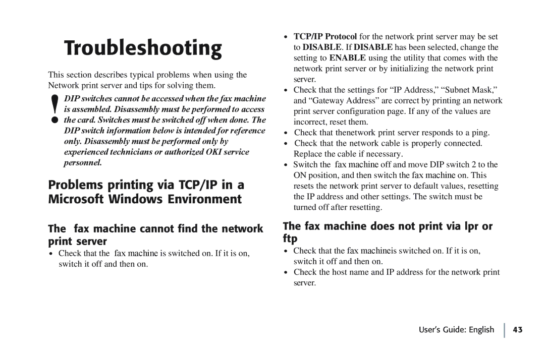 Oki 7100e+ Troubleshooting, Fax machine cannot find the network print server, Fax machine does not print via lpr or ftp 