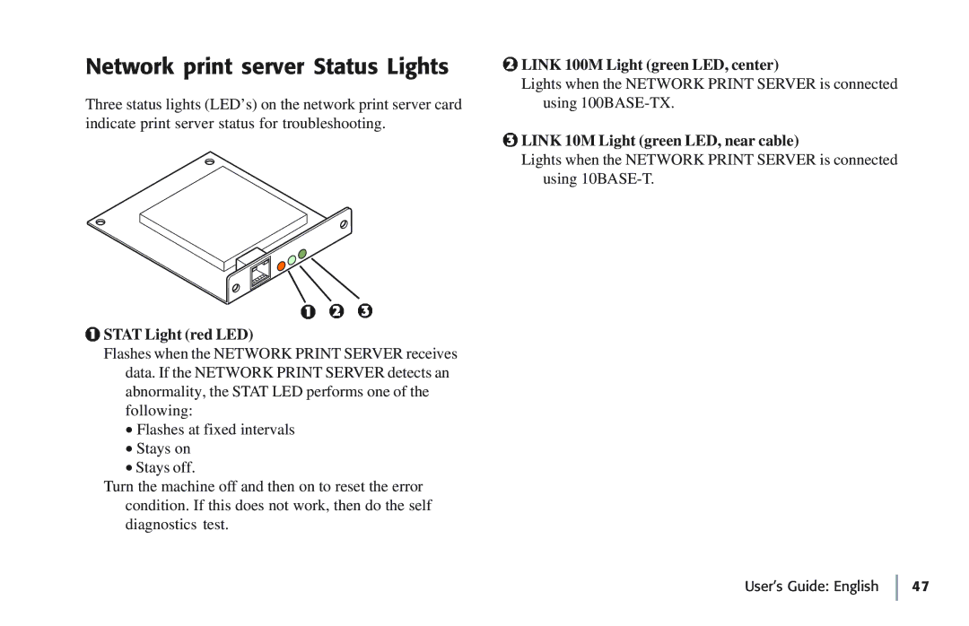 Oki 7100e+ manual Network print server Status Lights, Stat Light red LED 