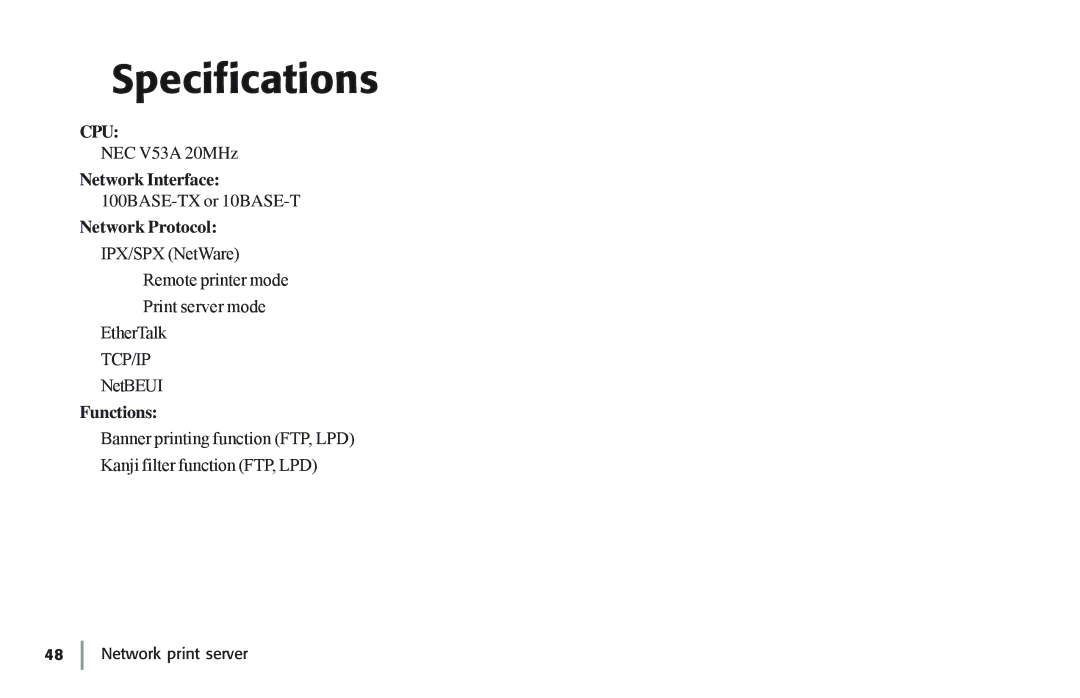 Oki 7100e+ manual Specifications, Network Interface, Network Protocol, Functions 