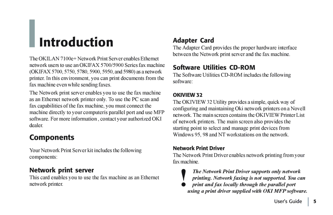 Oki 7100e+ manual Introduction, Components, Network print server, Adapter Card, Software Utilities CD-ROM 