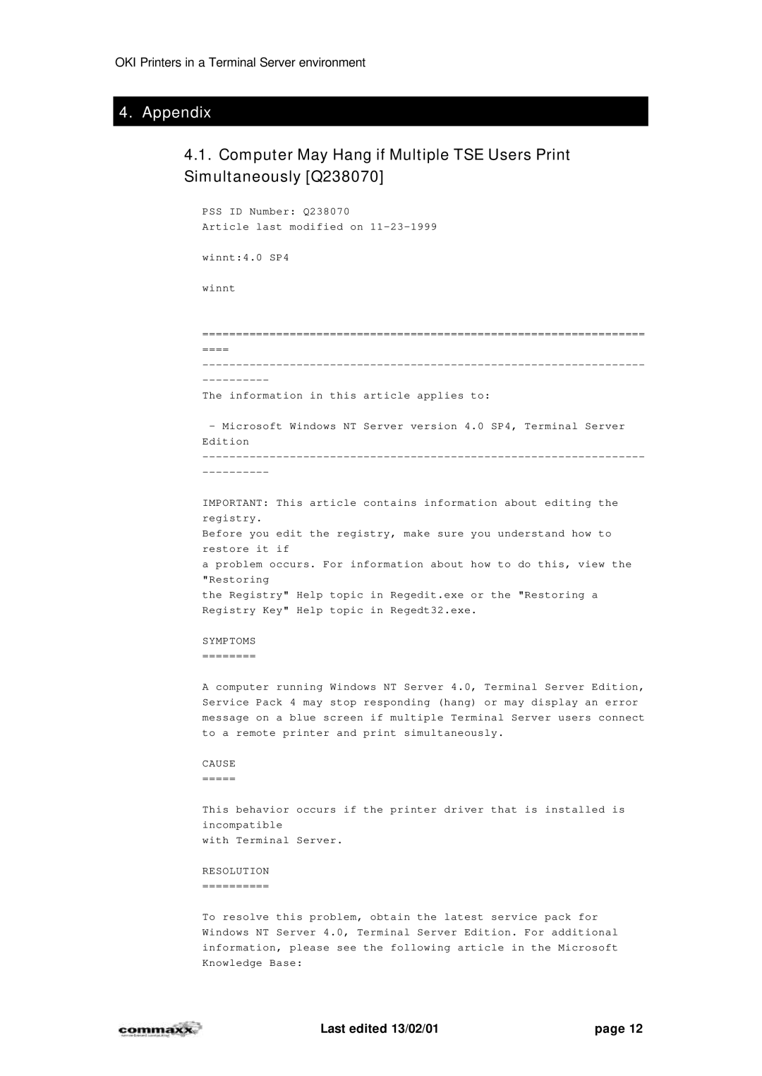 Oki 7200, 7400 manual Appendix, Symptoms 