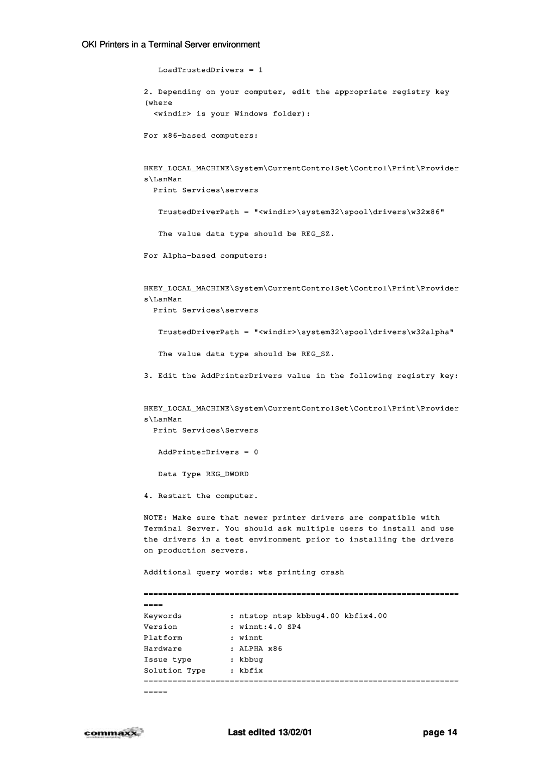 Oki 7200, 7400 manual OKI Printers in a Terminal Server environment, Last edited 13/02/01, page 