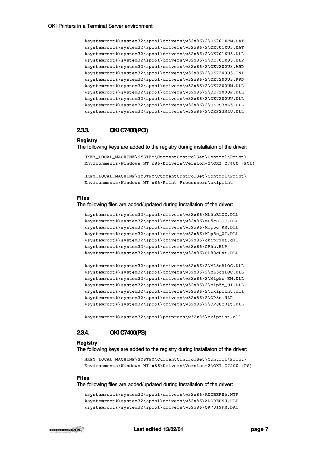 Oki 7200 manual OKI C7400PCI, OKI C7400PS, Registry, Files, Last edited 13/02/01, page 