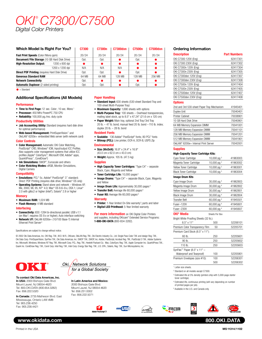 Oki warranty OKI C7300/C7500, Digital Color Printers, 800.OKI.DATA, Which Model Is Right For You?, Ordering Information 