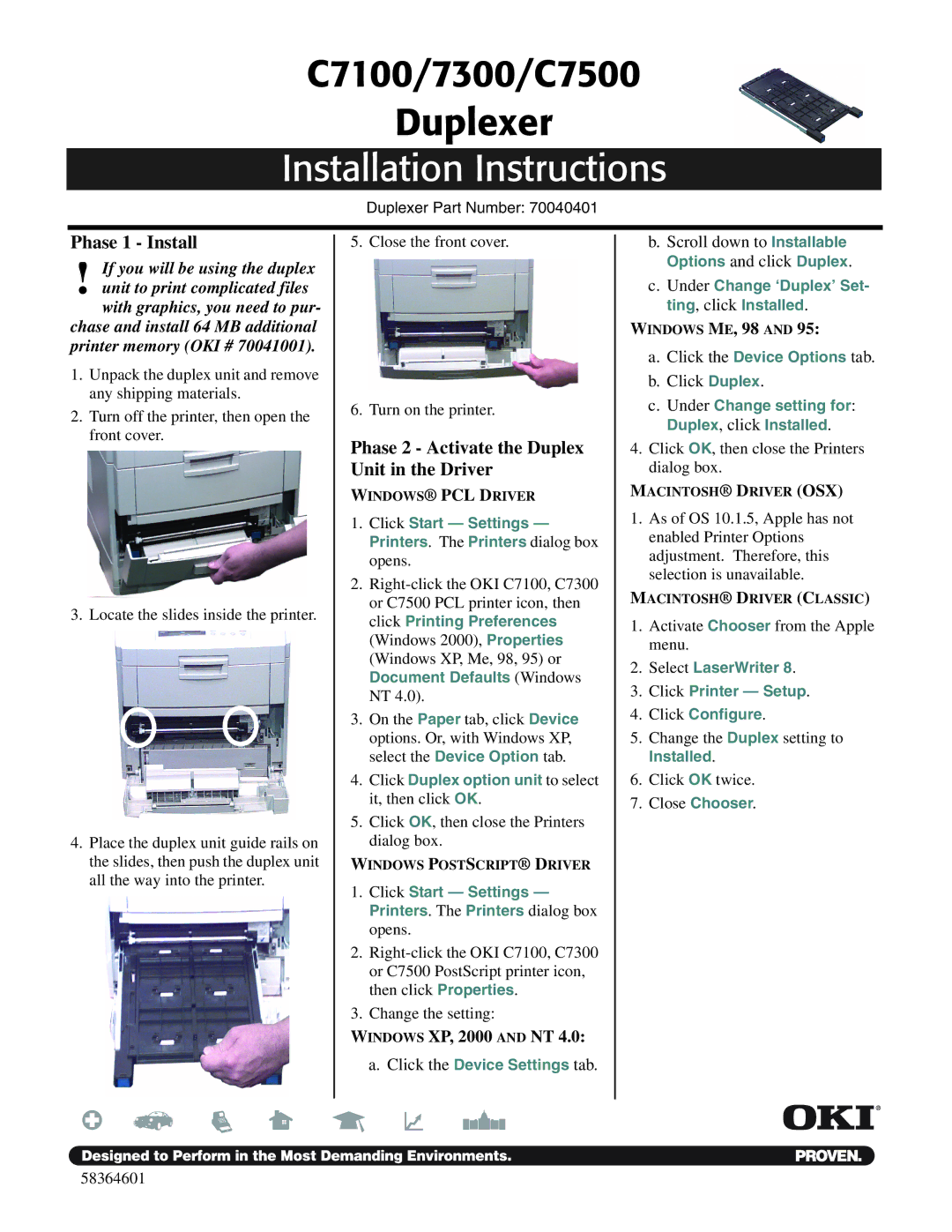 Oki 7300 installation instructions Installation Instructions, Phase 1 Install, Windows XP, 2000 and NT, Click Duplex 