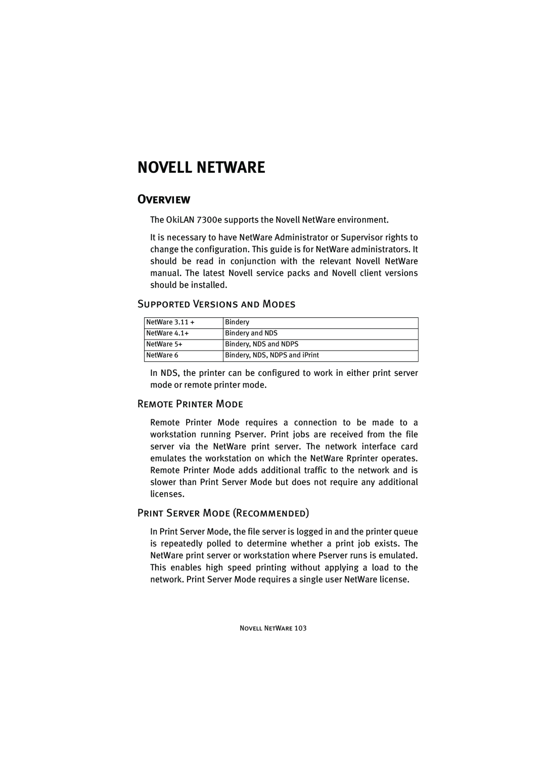 Oki 7300e manual Novell Netware, Supported Versions and Modes, Remote Printer Mode, Print Server Mode Recommended, Overview 