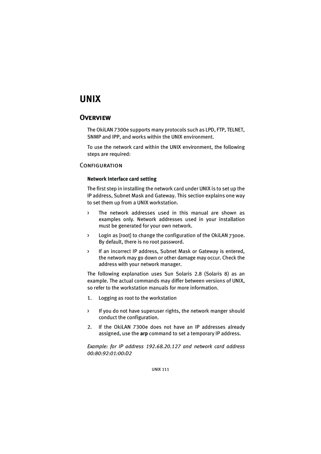 Oki 7300e manual Unix, Configuration, Network Interface card setting, Overview 