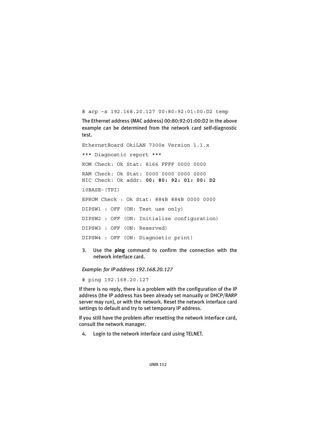 Oki 7300e manual # arp -s192.168.20.127 00 80 92 01 00 D2 temp, Example for IP address 