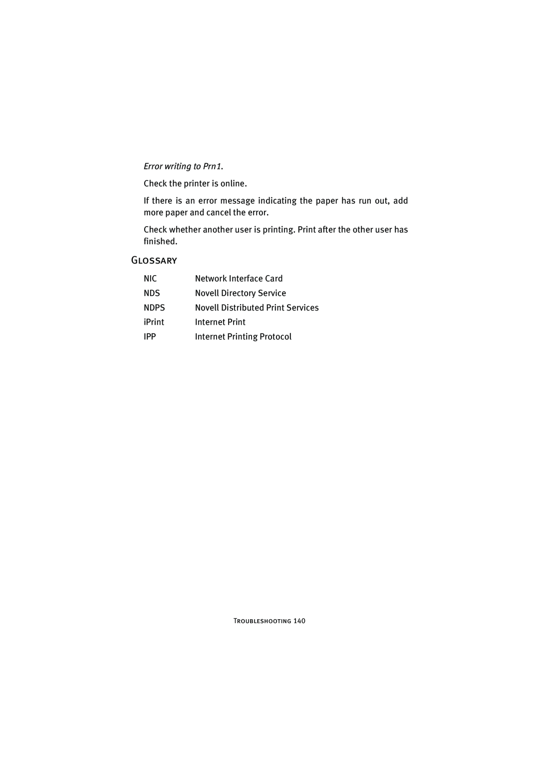 Oki 7300e manual Glossary, Error writing to Prn1 