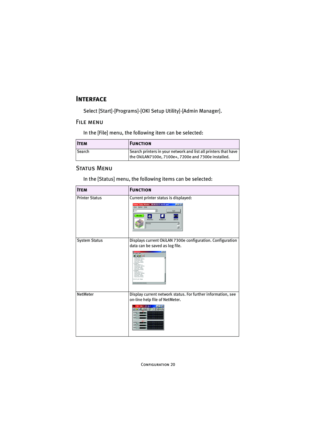 Oki 7300e manual Interface, File menu, Status Menu, Function 