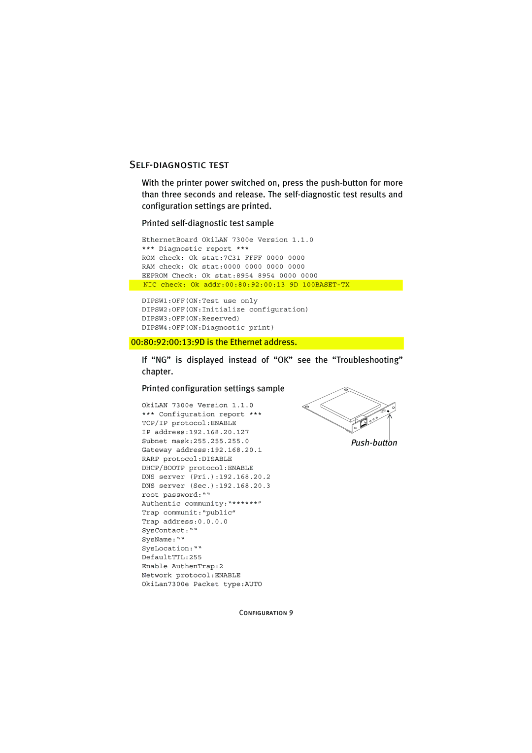 Oki 7300e manual Self-diagnostic test, Push-button 