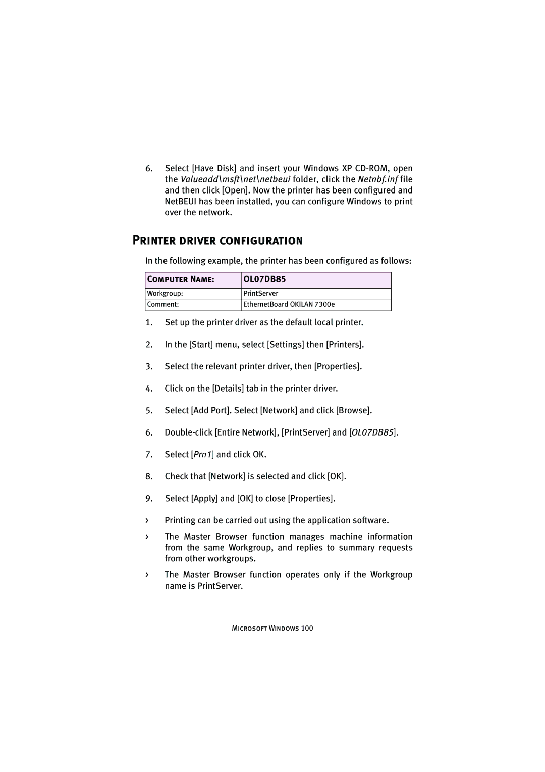 Oki 7300e manual Printer driver configuration, Computer Name OL07DB85 