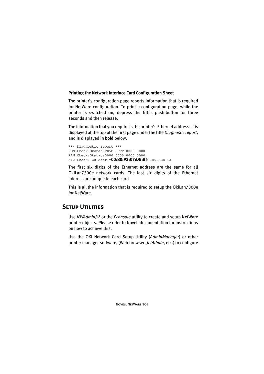 Oki 7300e manual Setup Utilities, Printing the Network Interface Card Configuration Sheet 