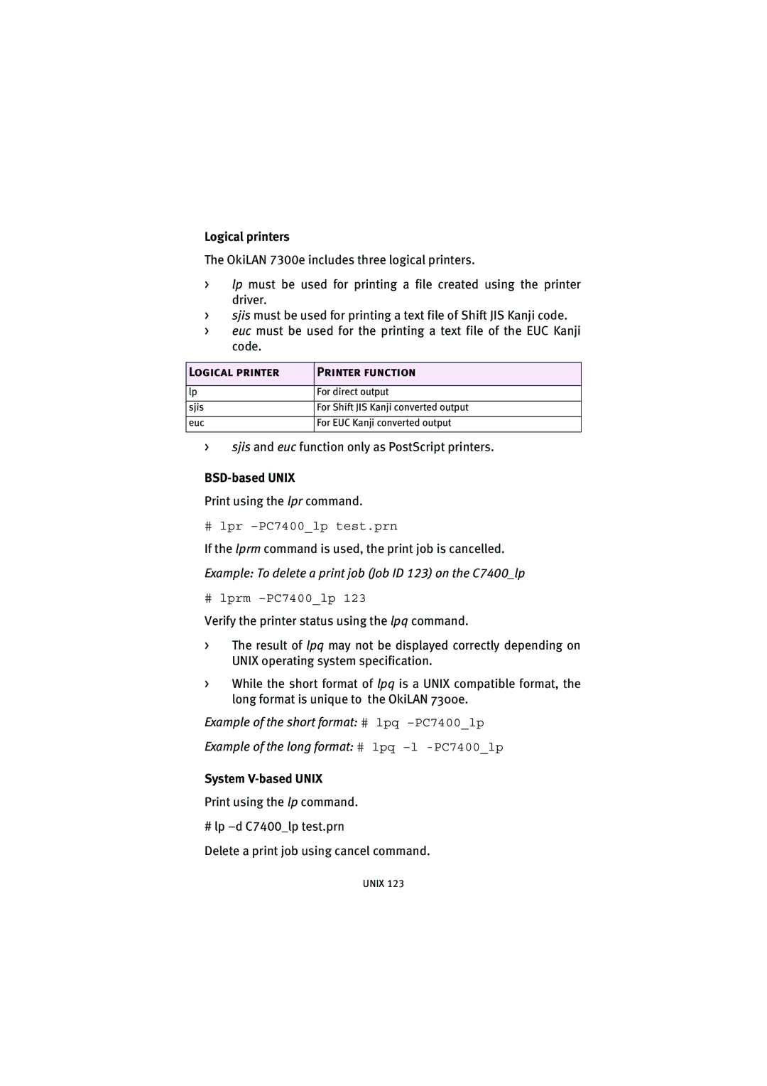 Oki 7300e manual Logical printers, Logical printer Printer function, BSD-based Unix, System V-based Unix 