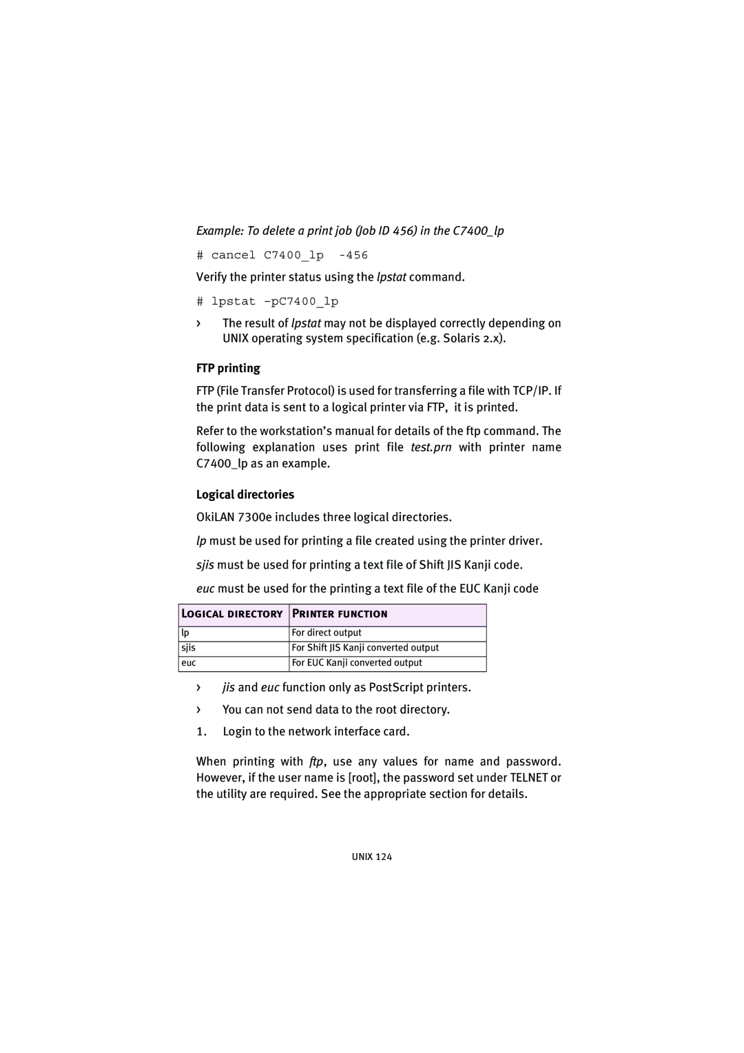 Oki 7300e manual Example To delete a print job Job ID 456 in the C7400lp, FTP printing, Logical directories 