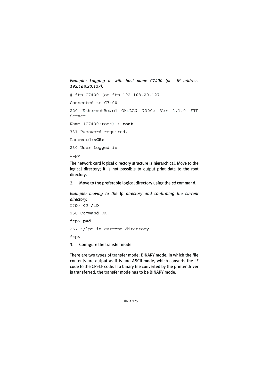 Oki 7300e manual Example Logging in with host name C7400 or IP address, Ftp cd /lp 