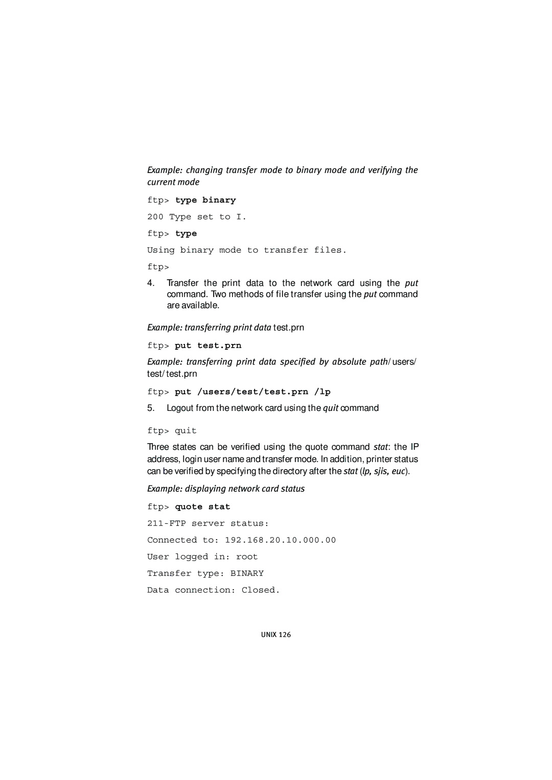 Oki 7300e manual Example transferring print data test.prn, Example displaying network card status 