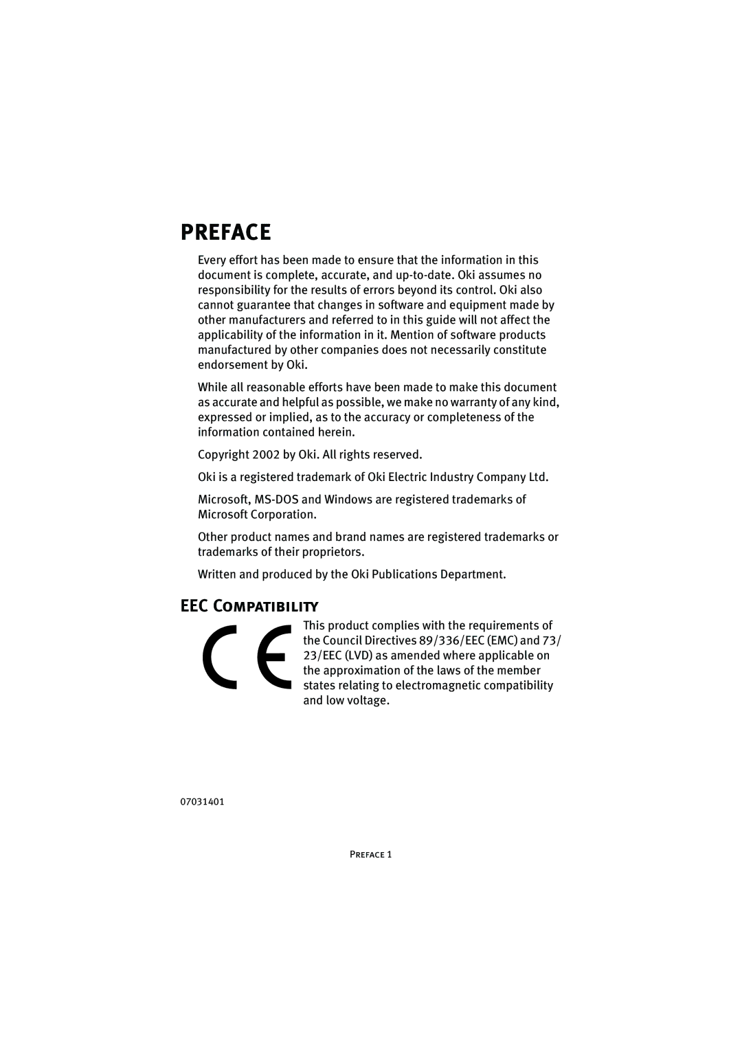 Oki 7300e manual Preface, EEC Compatibility 