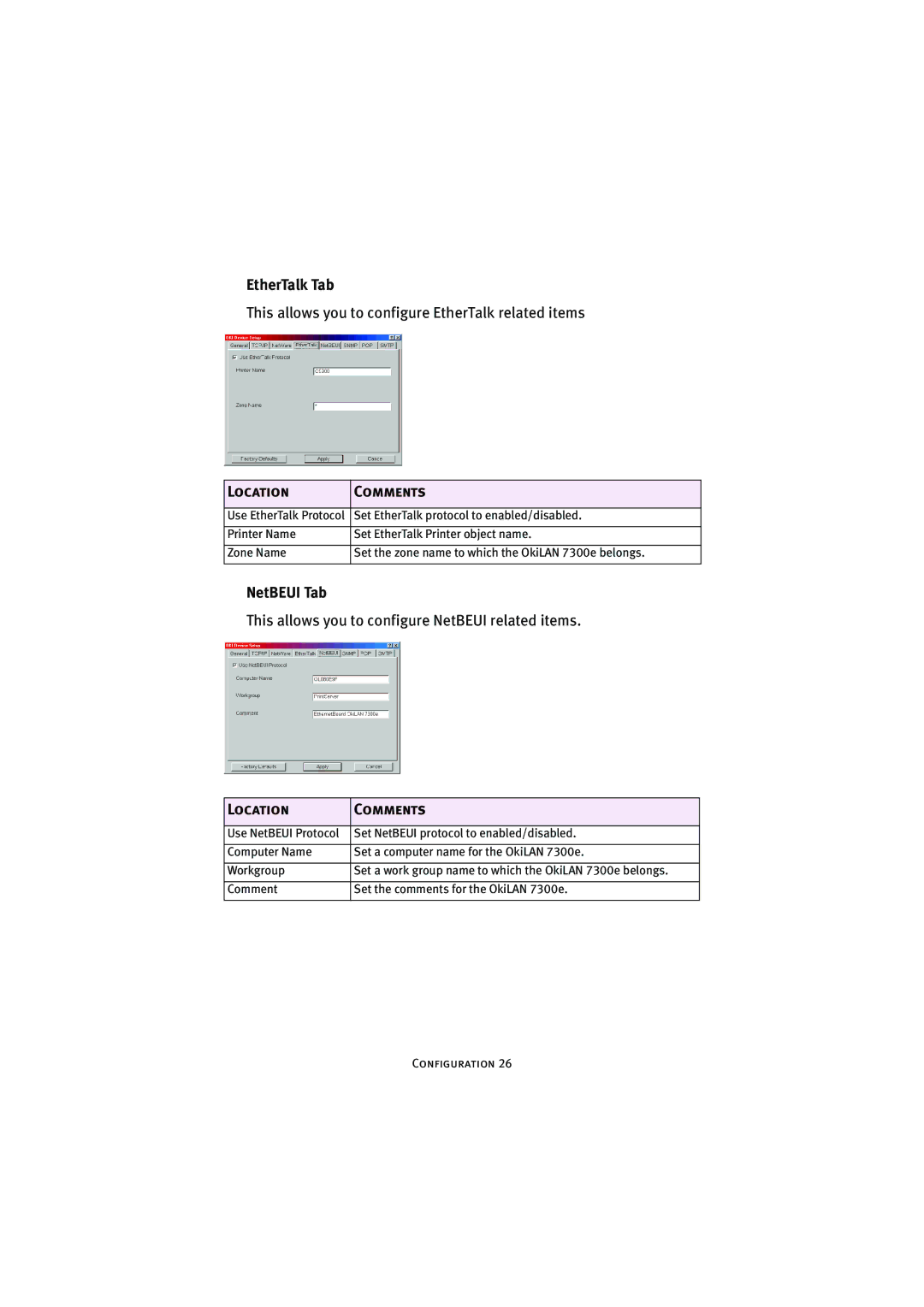 Oki 7300e manual EtherTalk Tab, NetBEUI Tab 