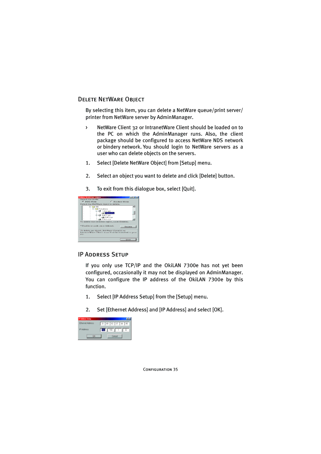 Oki 7300e manual Delete NetWare Object, IP Address Setup 