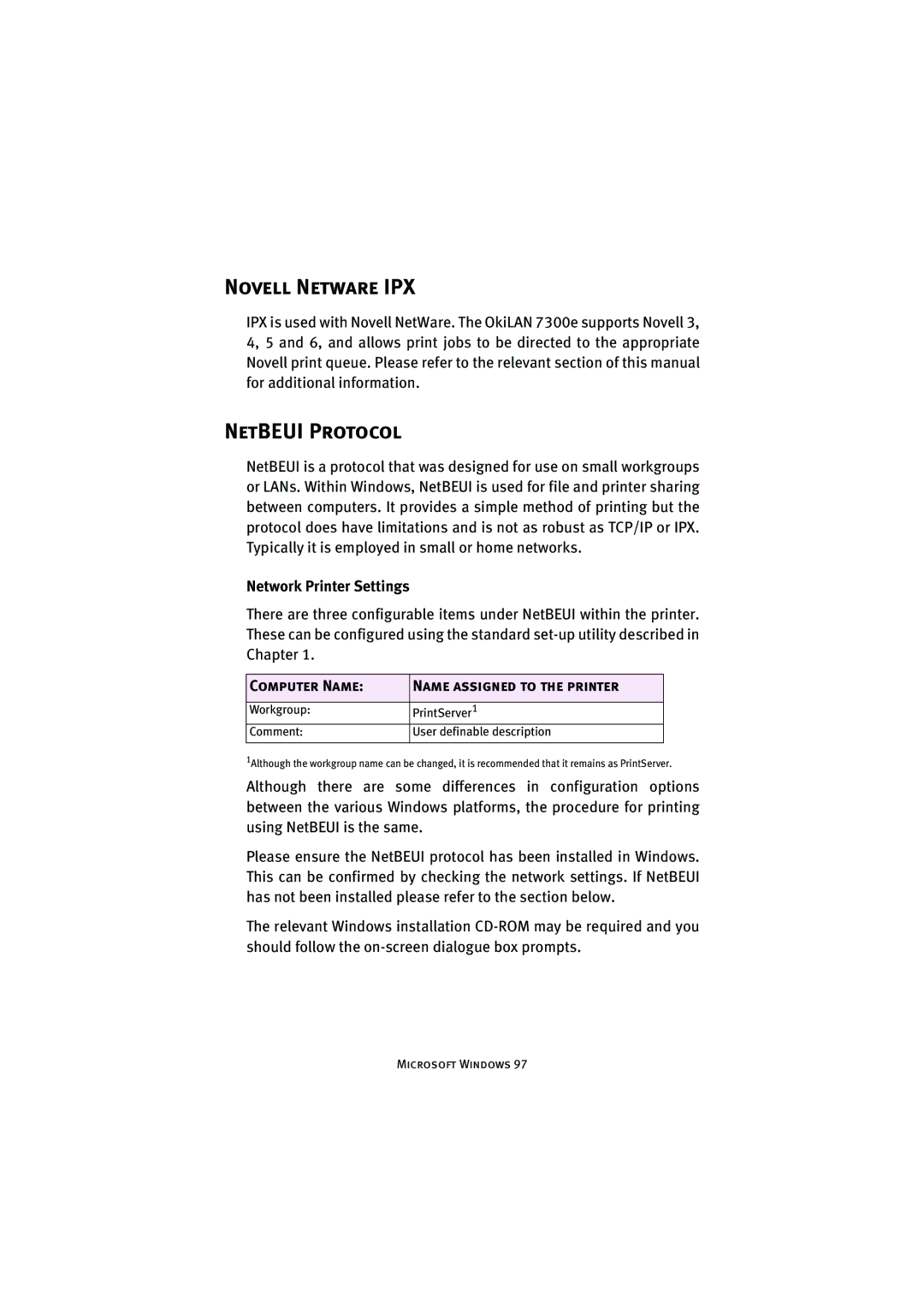 Oki 7300e manual Novell Netware IPX, NetBEUI Protocol, Network Printer Settings, Computer Name Name assigned to the printer 