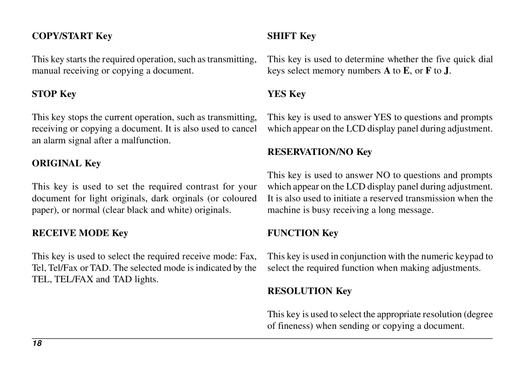 Oki 740 COPY/START Key, Stop Key Shift Key, YES Key, Original Key, RESERVATION/NO Key, Receive Mode Key, Resolution Key 