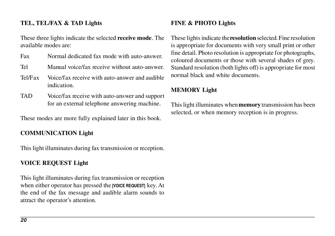 Oki 740 manual TEL, TEL/FAX & TAD Lights, Communication Light, Voice Request Light, Fine & Photo Lights, Memory Light 