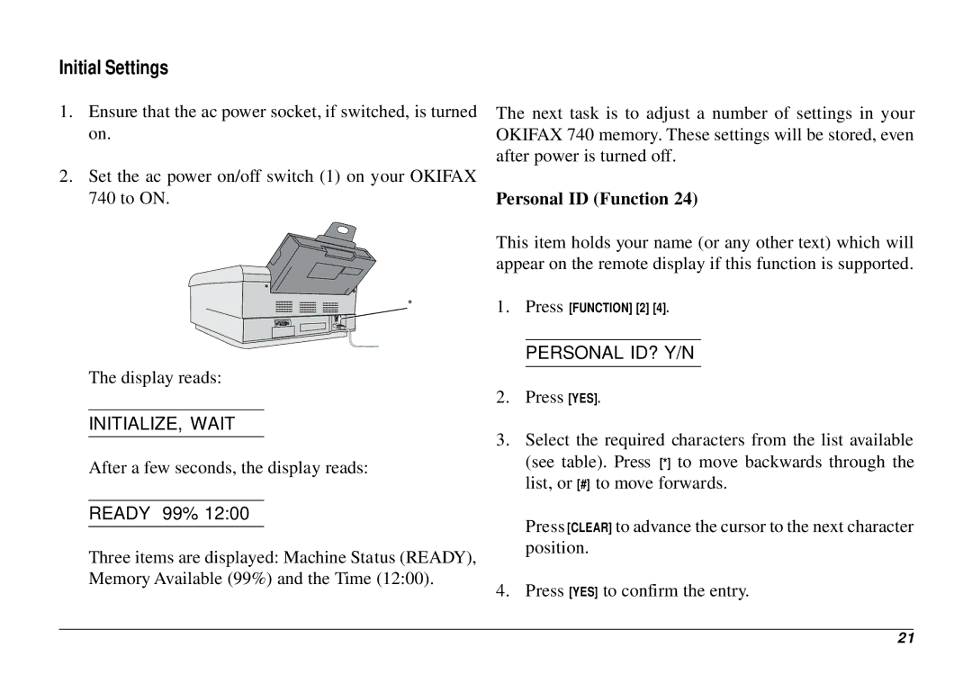 Oki 740 manual Initial Settings, Personal ID Function, INITIALIZE, Wait, Personal ID? Y/N 