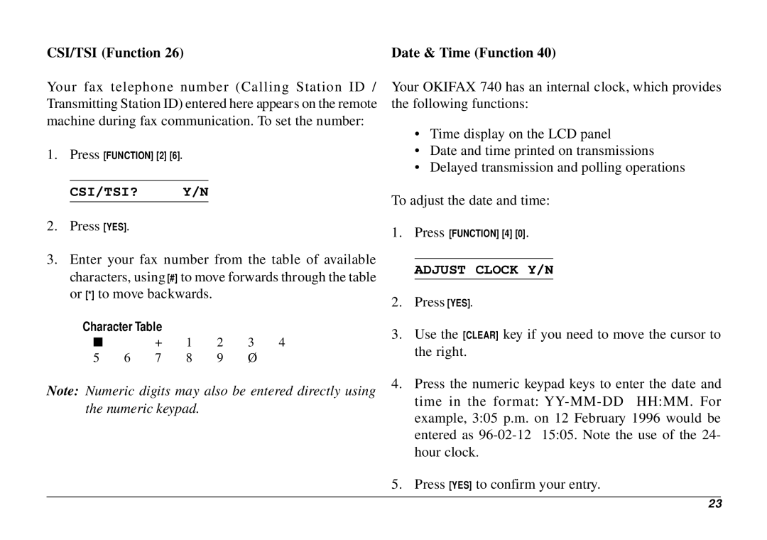 Oki 740 manual CSI/TSI Function, Csi/Tsi? Y/N, Adjust Clock Y/N 