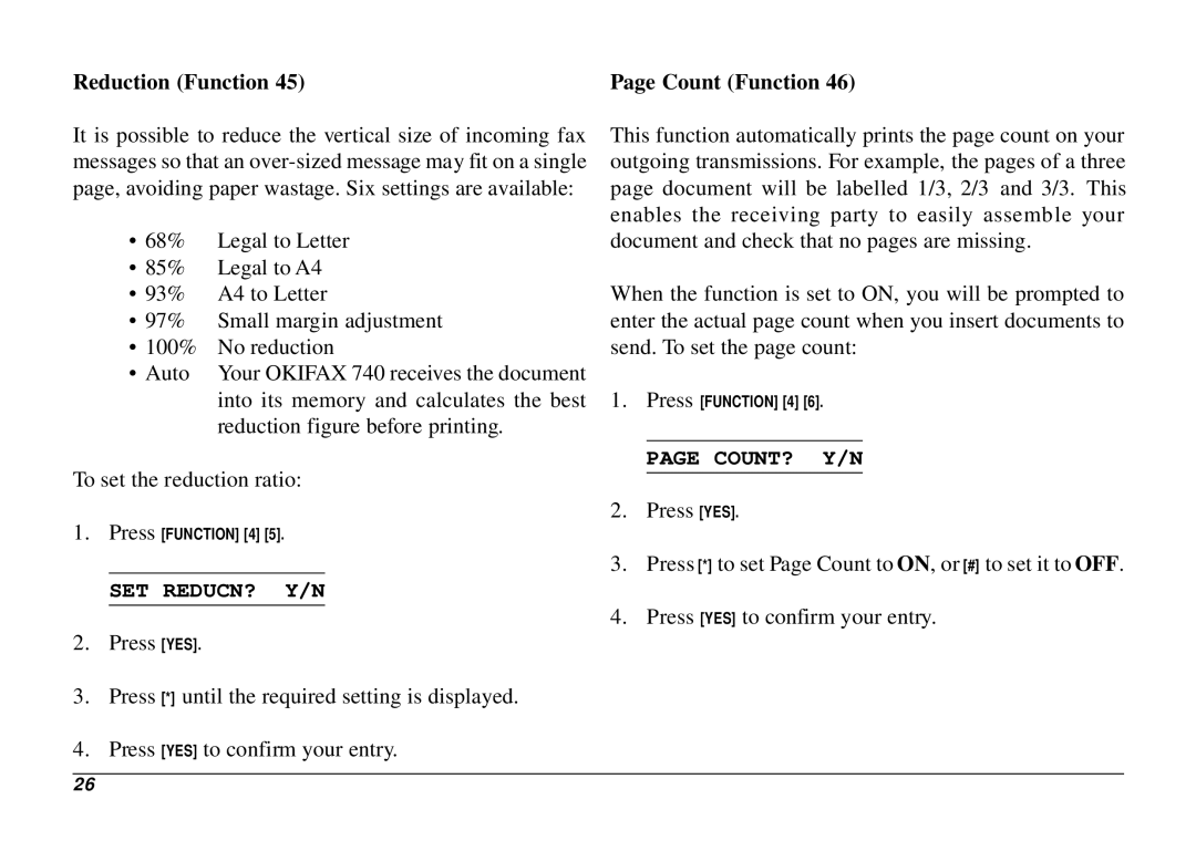 Oki 740 manual Reduction Function, Set Reducn? Y/N, Count? Y/N 