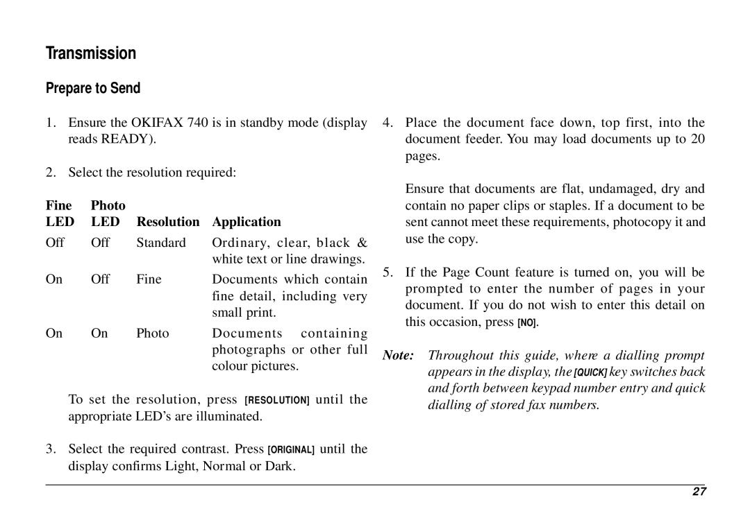 Oki 740 manual Transmission, Prepare to Send, Fine Photo, Resolution Application 