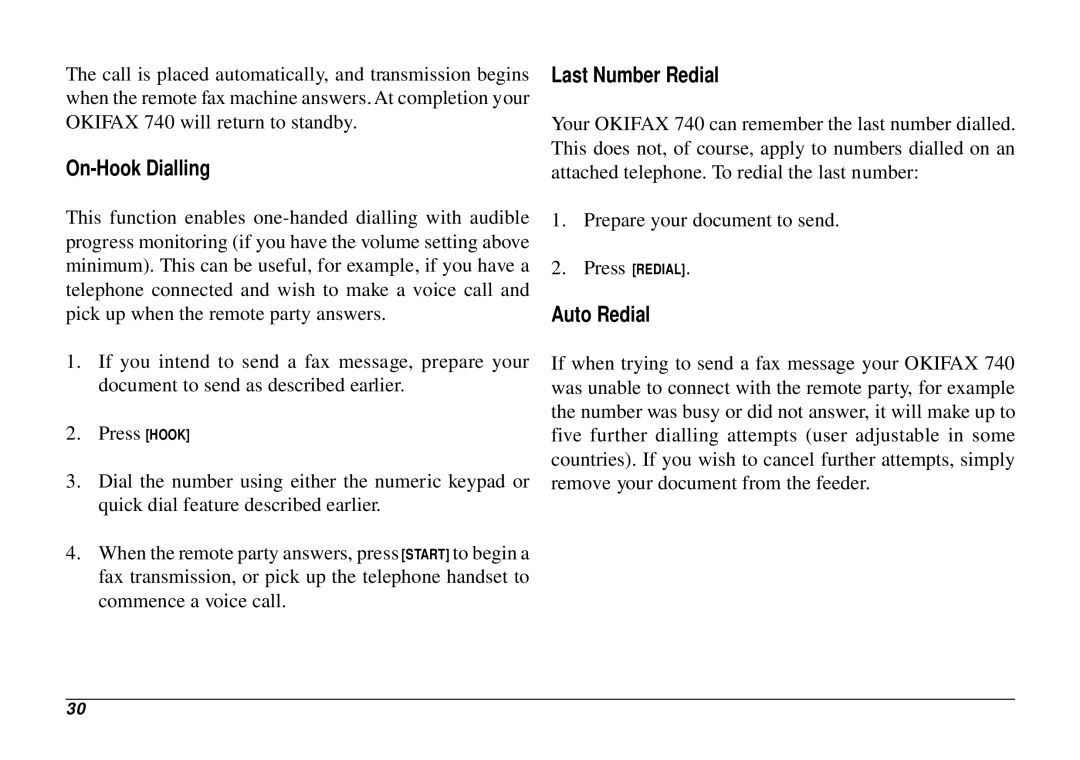 Oki 740 manual On-Hook Dialling, Last Number Redial, Auto Redial 