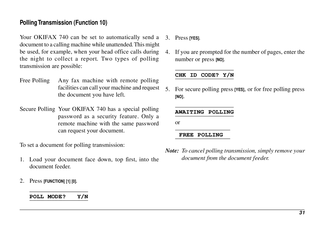 Oki 740 manual Polling Transmission Function, Poll MODE? Y/N, Chk Id Code? Y/N, Awaiting Polling Free Polling 