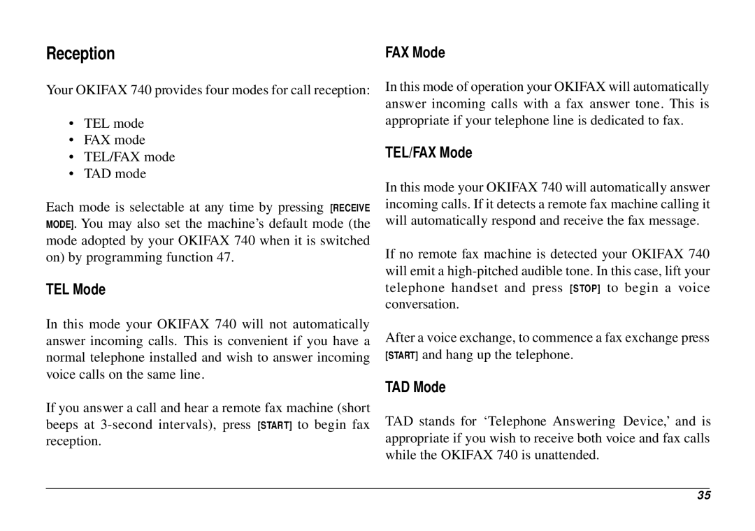 Oki 740 manual Reception, TEL Mode, TEL/FAX Mode, TAD Mode 