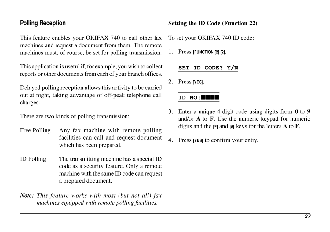 Oki 740 manual Polling Reception, Set Id Code? Y/N 