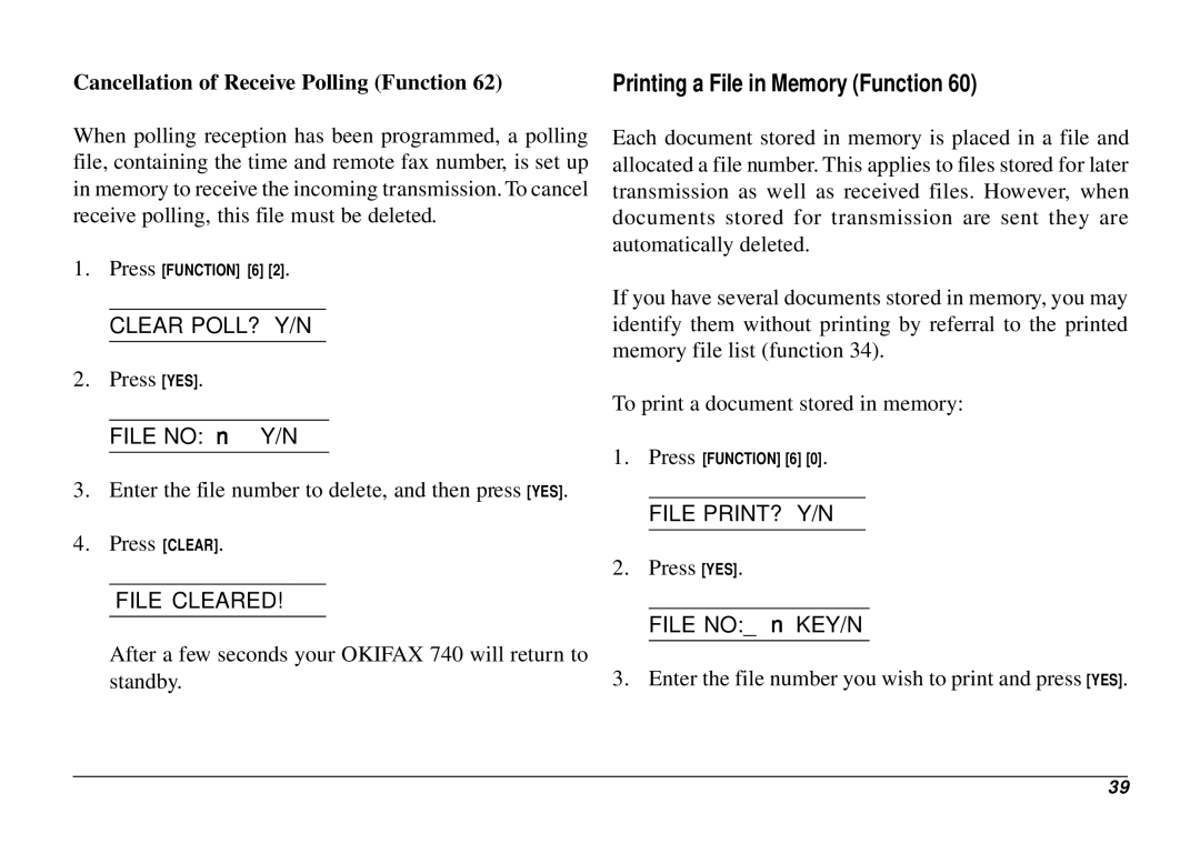 Oki 740 manual Printing a File in Memory Function, Cancellation of Receive Polling Function 