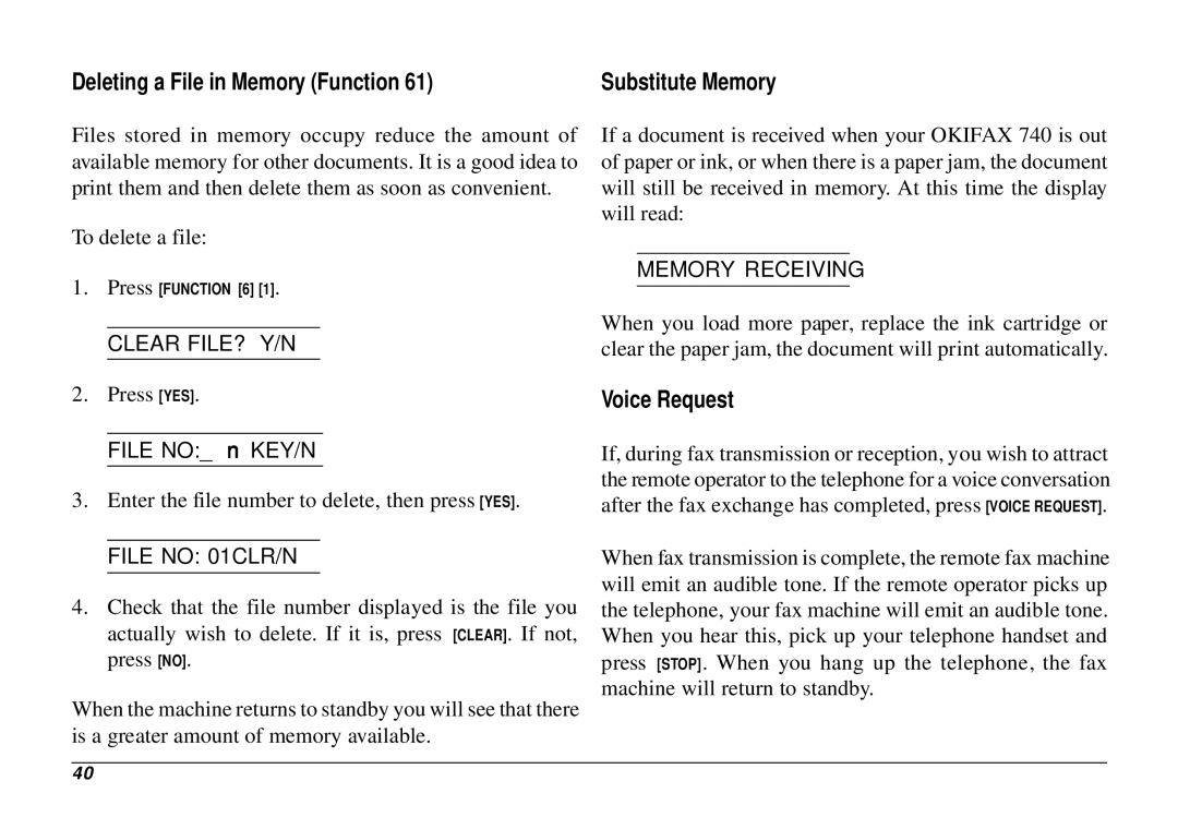 Oki 740 manual Deleting a File in Memory Function, Voice Request, Clear FILE? Y/N, File no 01CLR/N, Memory Receiving 