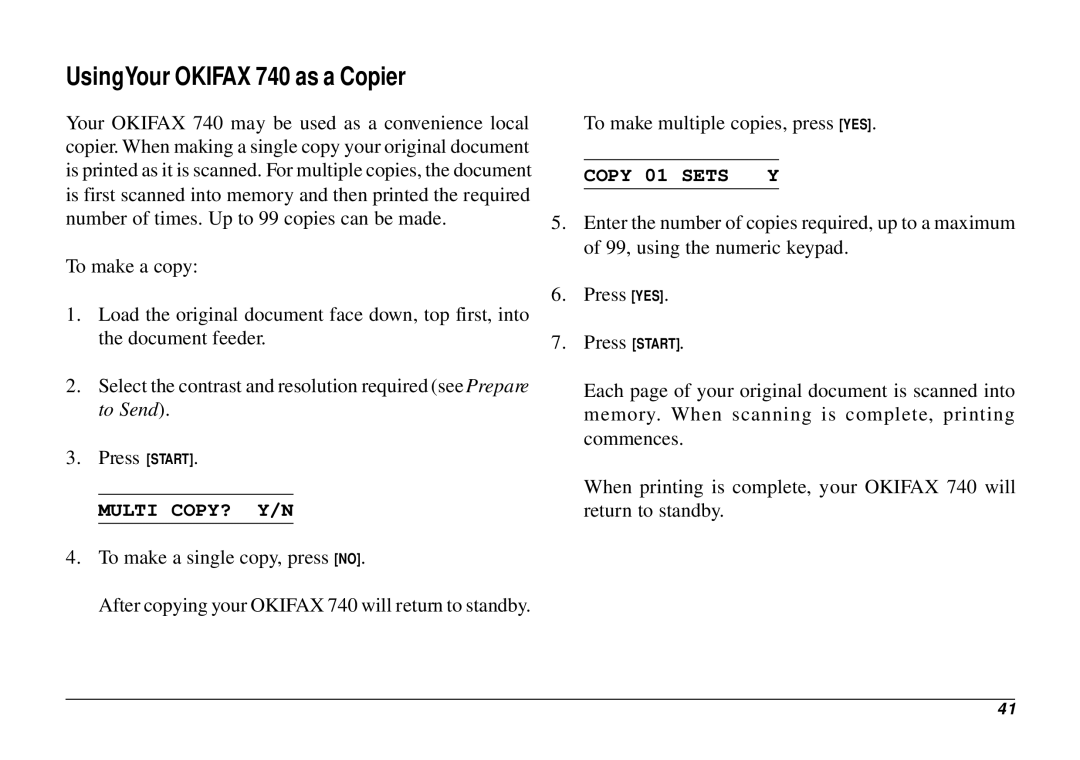 Oki manual UsingYour Okifax 740 as a Copier, Multi COPY? Y/N, Copy 01 Sets 