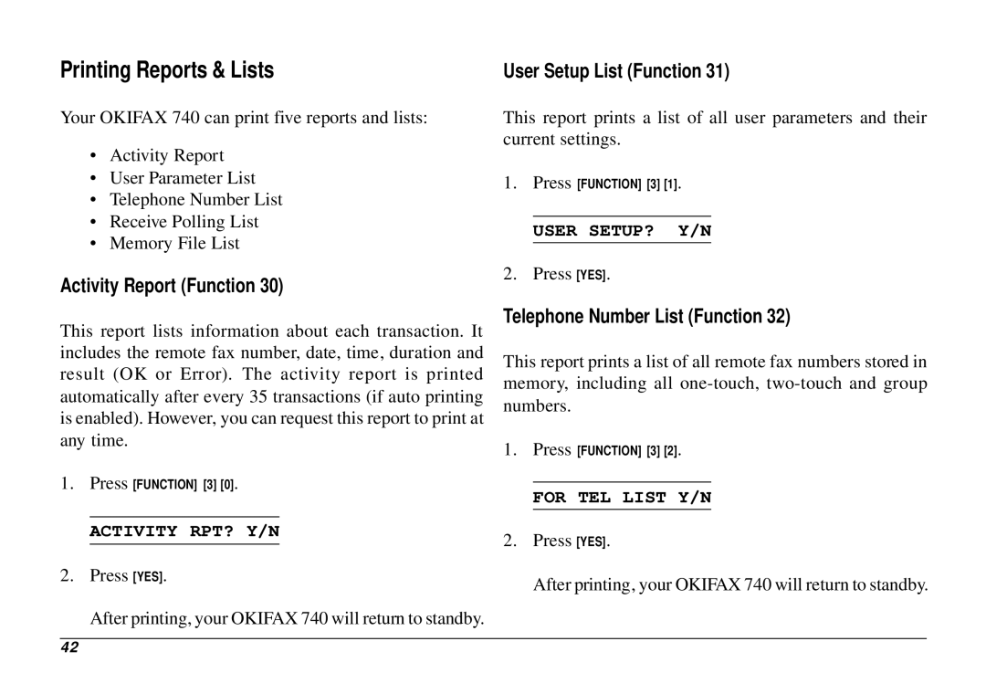 Oki 740 manual Printing Reports & Lists, Activity Report Function, Telephone Number List Function 