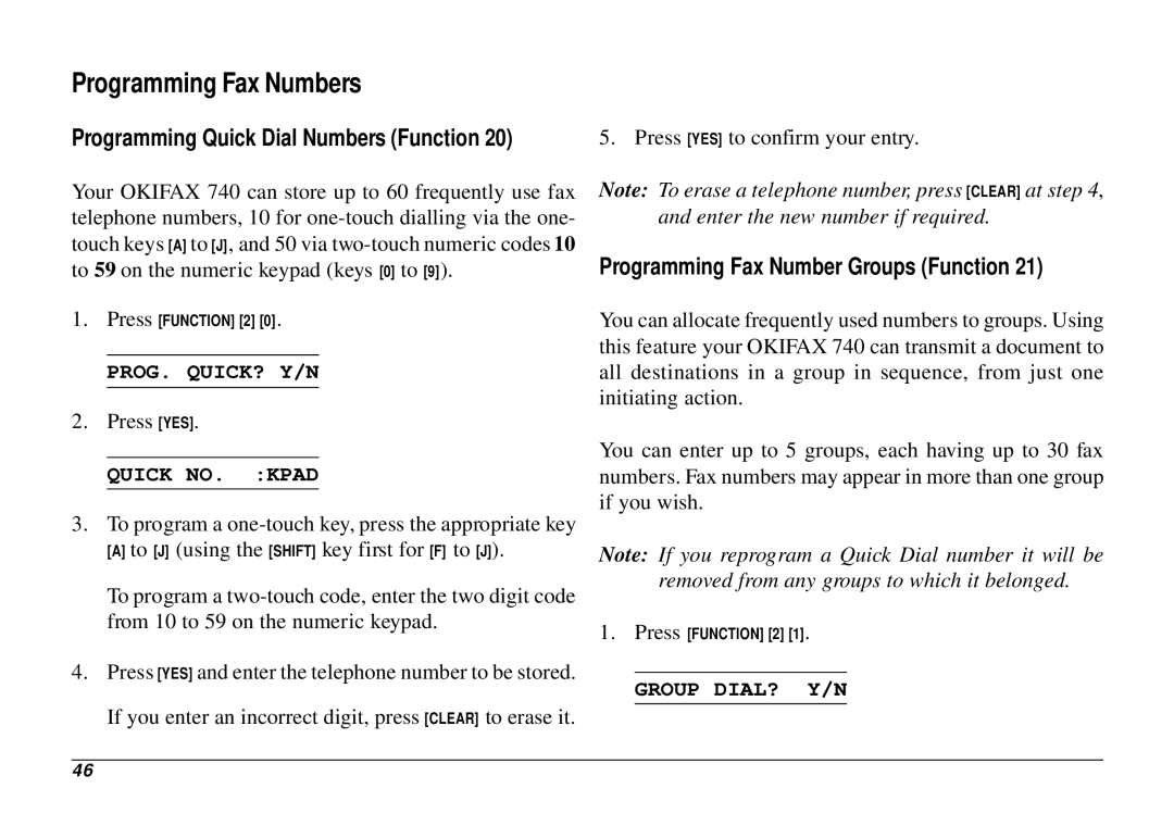 Oki 740 Programming Fax Numbers, Programming Fax Number Groups Function, Prog. Quick? Y/N, Quick NO. Kpad, Group DIAL? Y/N 