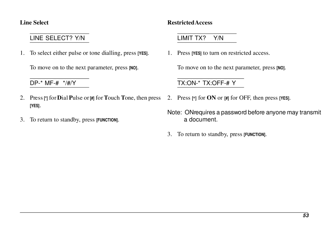 Oki 740 manual Line Select RestrictedAccess, Line SELECT? Y/N Limit TX?, Txon-* Txoff-# Y 