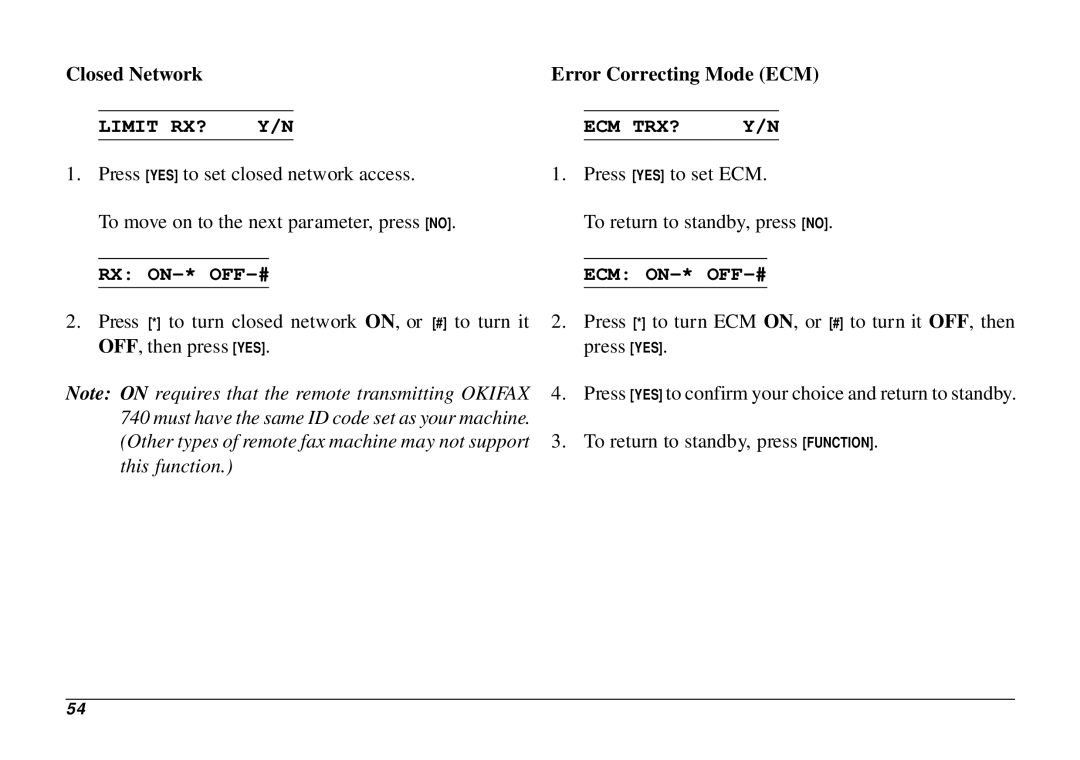 Oki 740 manual Closed Network Error Correcting Mode ECM, Limit RX? ECM TRX?, Ecm On-* Off-# 