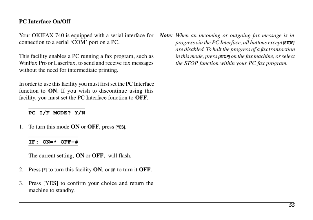 Oki 740 manual PC Interface On/Off, Pc I/F Mode? Y/N 