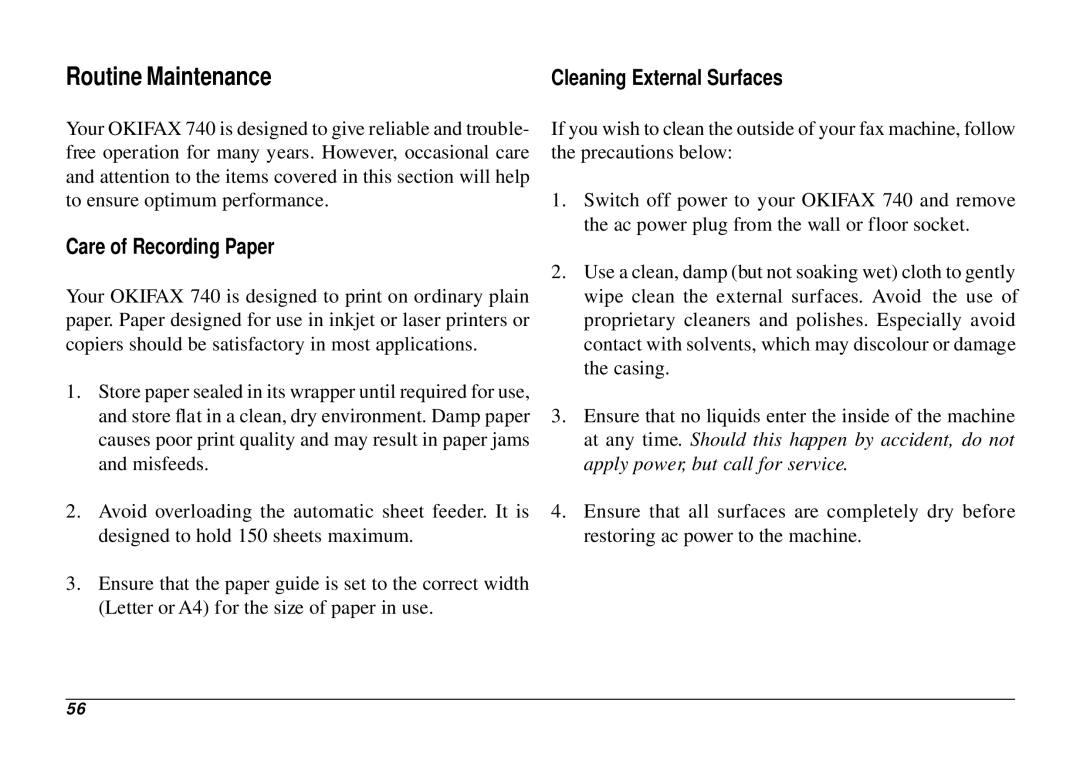 Oki 740 manual Routine Maintenance, Care of Recording Paper, Cleaning External Surfaces 