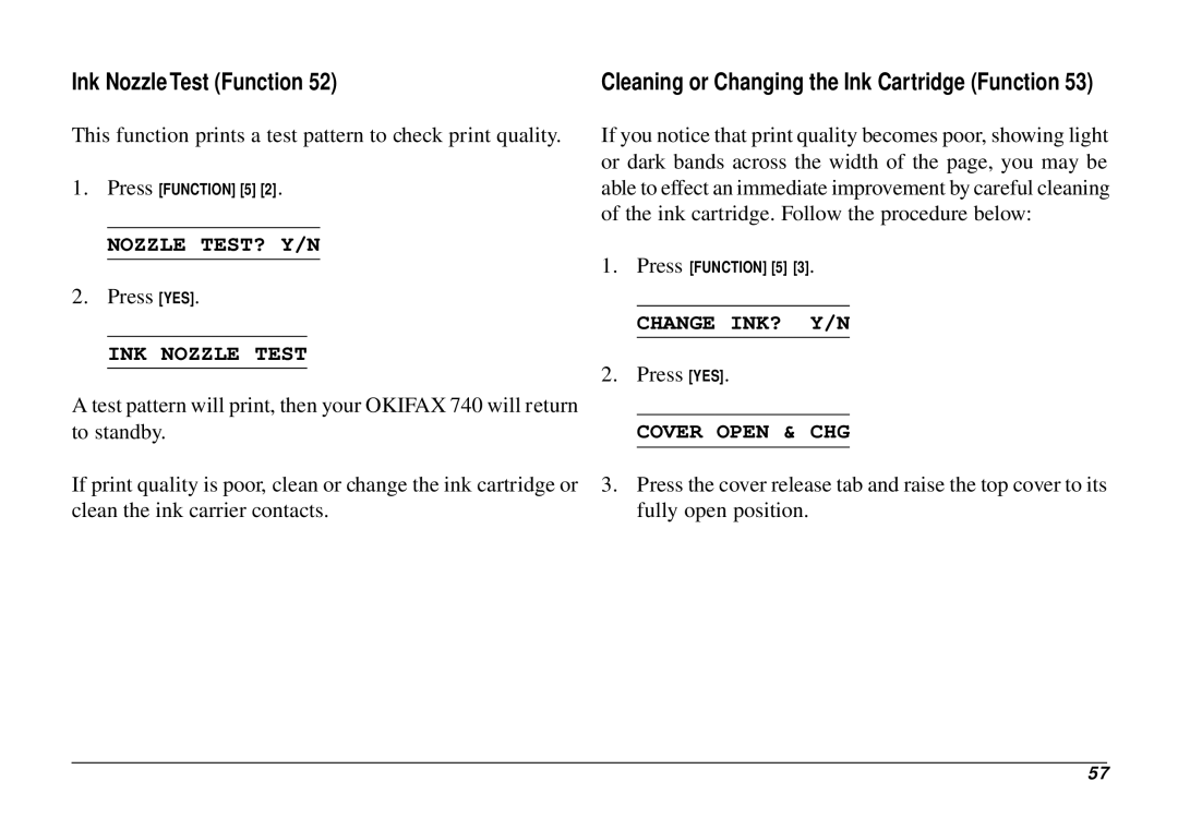 Oki 740 manual Ink Nozzle Test Function, Nozzle TEST? Y/N, INK Nozzle Test, Change INK? Y/N, Cover Open & CHG 