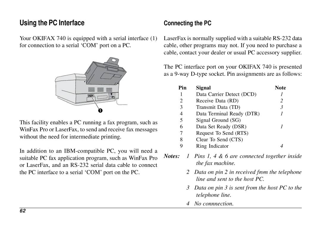 Oki 740 manual Using the PC Interface, Pin Signal 