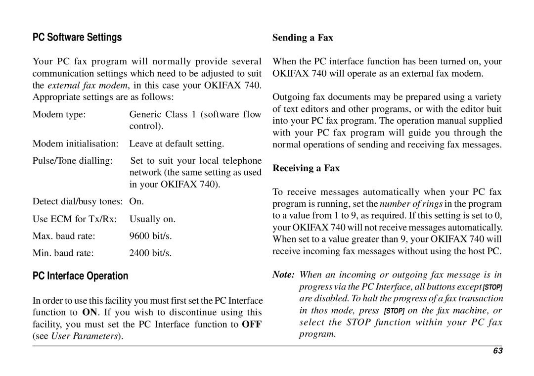 Oki 740 manual PC Software Settings, PC Interface Operation, Receiving a Fax 