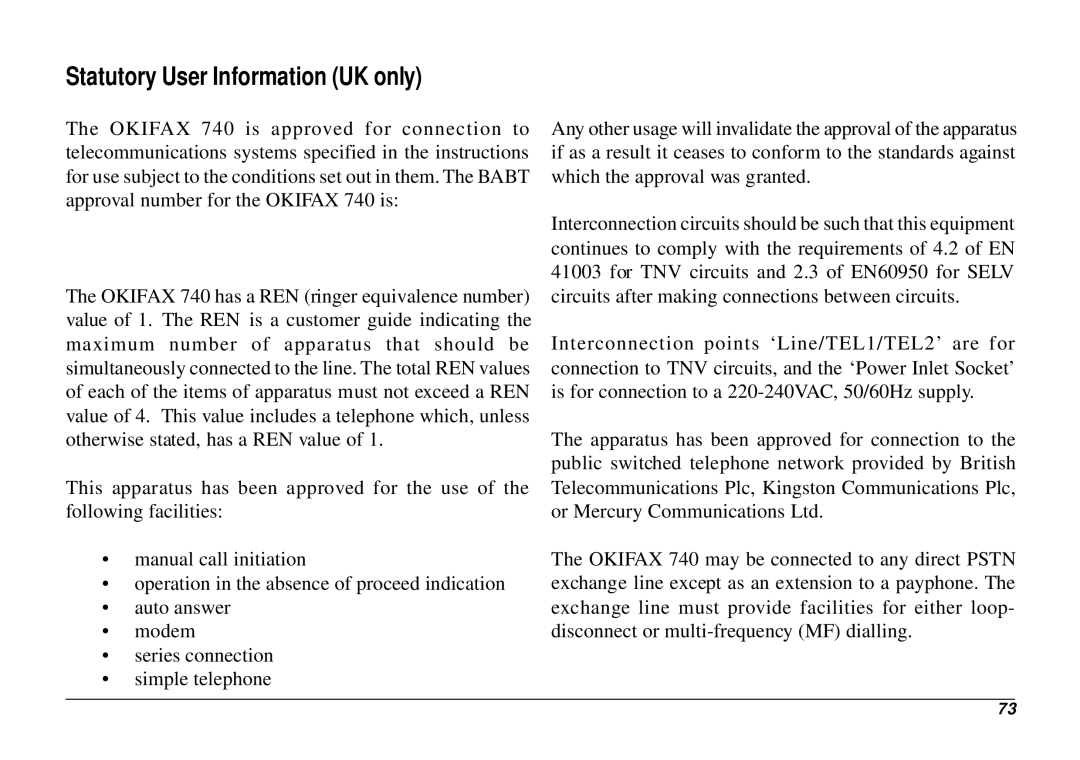 Oki 740 manual Statutory User Information UK only 